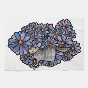 Kitty Cat Purple Daisies Grey Cat Art Grey Cats Tea Towel