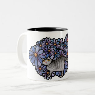 Kitty Cat Purple Daisies Grey Cat Art Grey Cats Two-Tone Coffee Mug