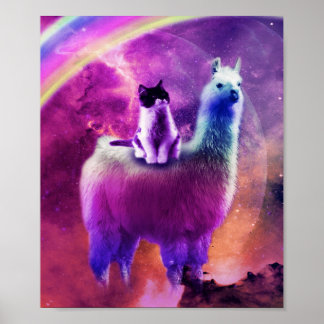 Kitty Cat Riding On Rainbow Llama In Space Poster