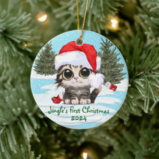 Kitty Cat Santa Hat, CUSTOMIZABLE! Adorable Cat Ceramic Tree Decoration