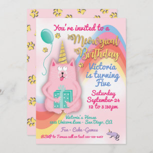 Kitty cat unicorn birthday party invitation