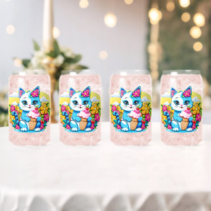 Kitty Cat with ice cream Summer Kawaii Character  Can Glass