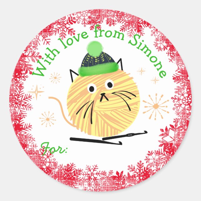 Kitty cat yarn handmade Christmas crochet hook Classic Round Sticker (Front)