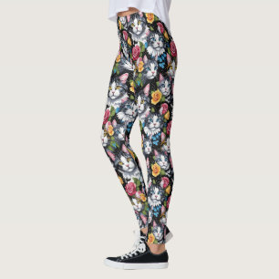 Kitty Cats And Roses On Black Background Leggings