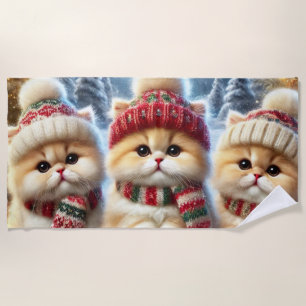 Kitty cats in festive Christmas decor and Snow Beach Towel