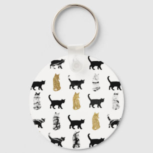 Kitty Cats in Gold and Black and White Marble Key Ring