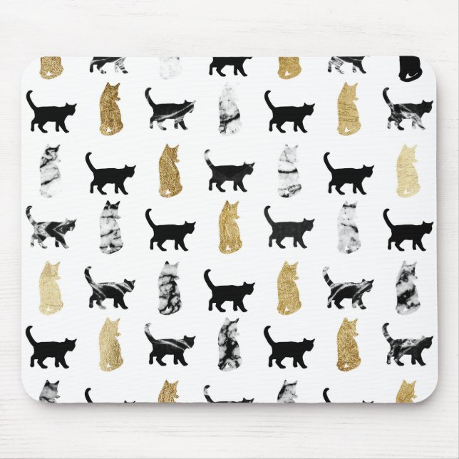 Kitty Cats in Gold and Black and White Marble Mouse Pad (Front)