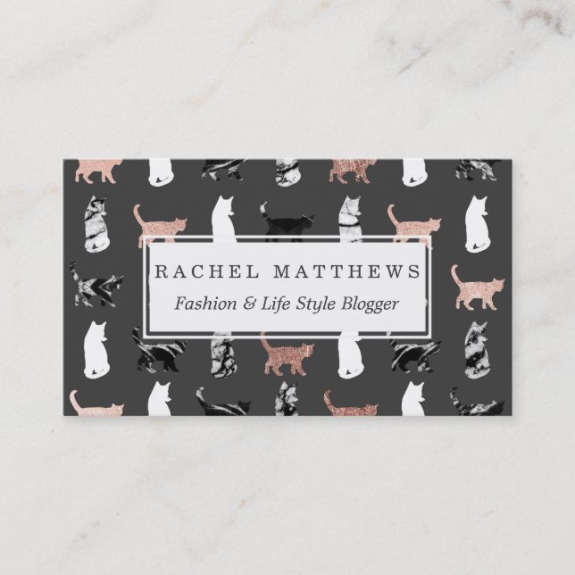 Kitty Cats in Rose Gold and Black and White Marble Business Card (Front)
