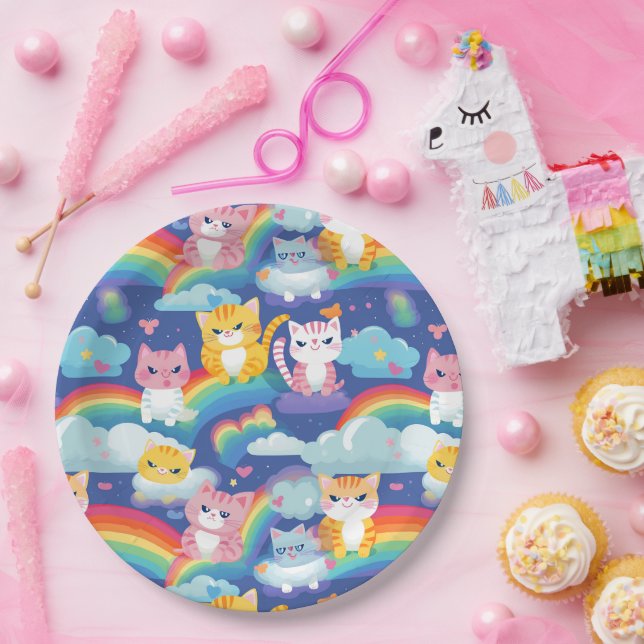 Kitty Cats on Rainbow Clouds Cute and Happy Paper Plate (Party)