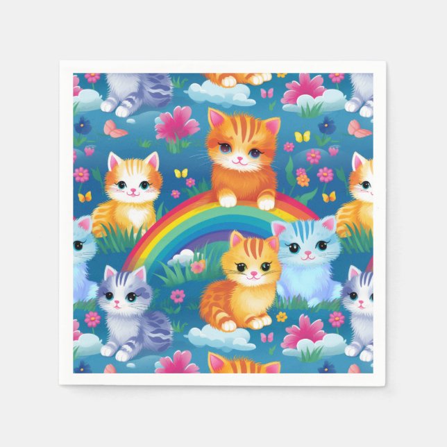Kitty Cats on Rainbows Cute and Colourful Napkin (Front)