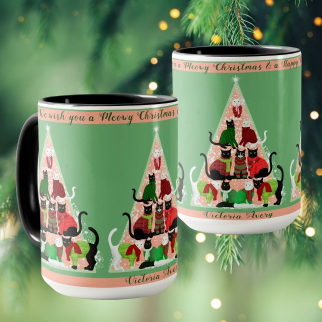 Kitty Christmas Tree Blush Green Custom Holiday  Mug (Creator Uploaded)
