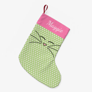 Kitty Face Pink and Green Small Christmas Stocking