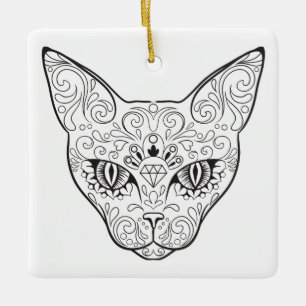 Kitty Face Sugar Skull   Day of the Dead Cat Ceramic Tree Decoration