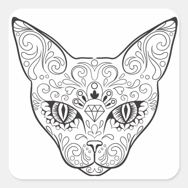 Kitty Face Sugar Skull | Day of the Dead Cat Square Sticker (Front)