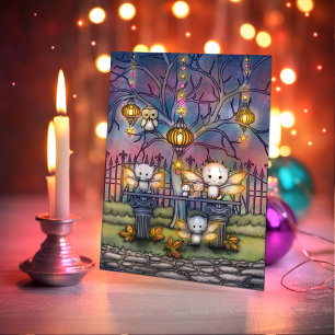 Kitty Fairies on an Autumn Night Cute Art Card