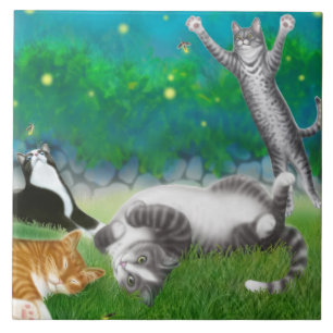 Kitty Fun with Fireflies Tile