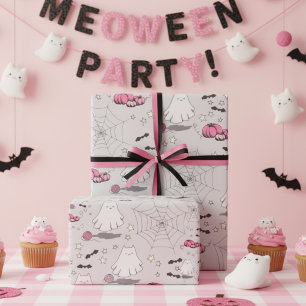 Kitty Ghosts & Pink Pumpkin Halloween Wrapping Paper