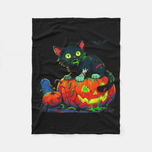 Kitty Halloween Pumpkin Black Cat Fleece Blanket (Front)