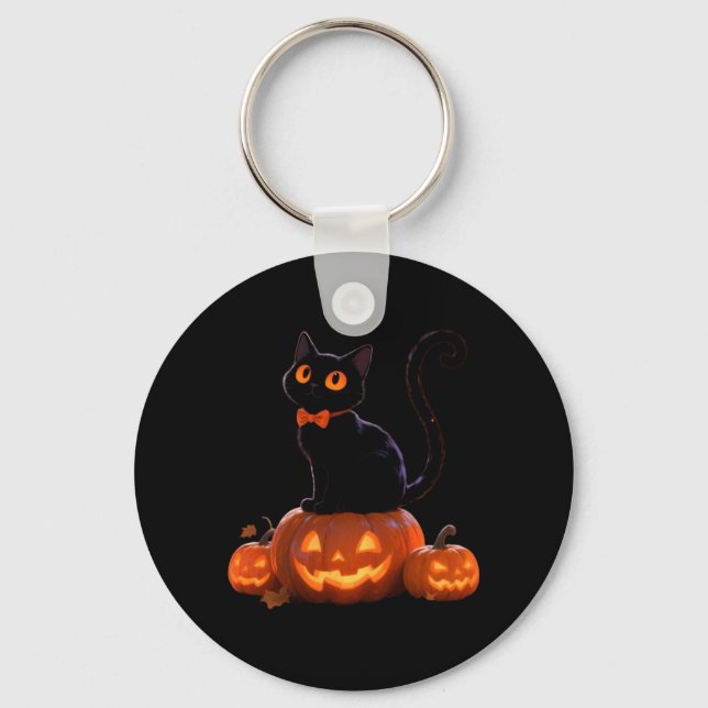 Kitty Halloween Pumpkin Black Cat Performance Key Ring (Front)