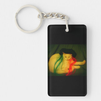 kitty in a black beret key ring
