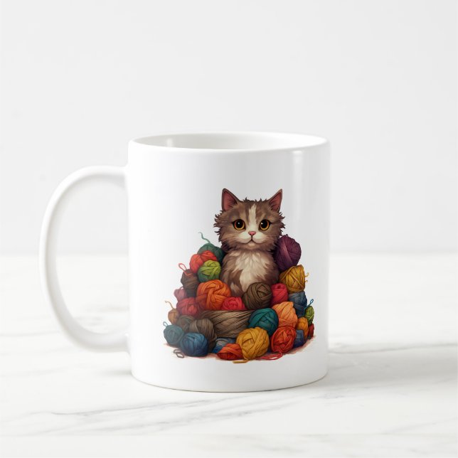 Kitty in yarn pile knitting crochet mug (Left)