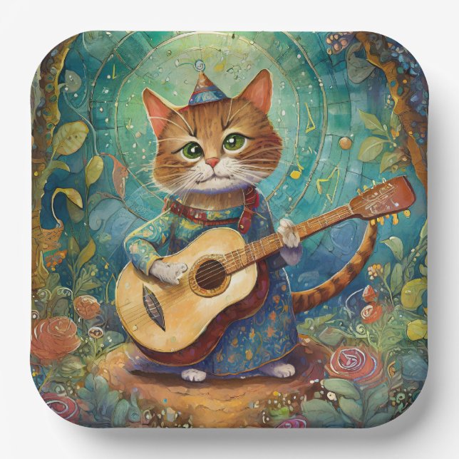 Kitty Kat Playing Guitar Paper Plate (Front)