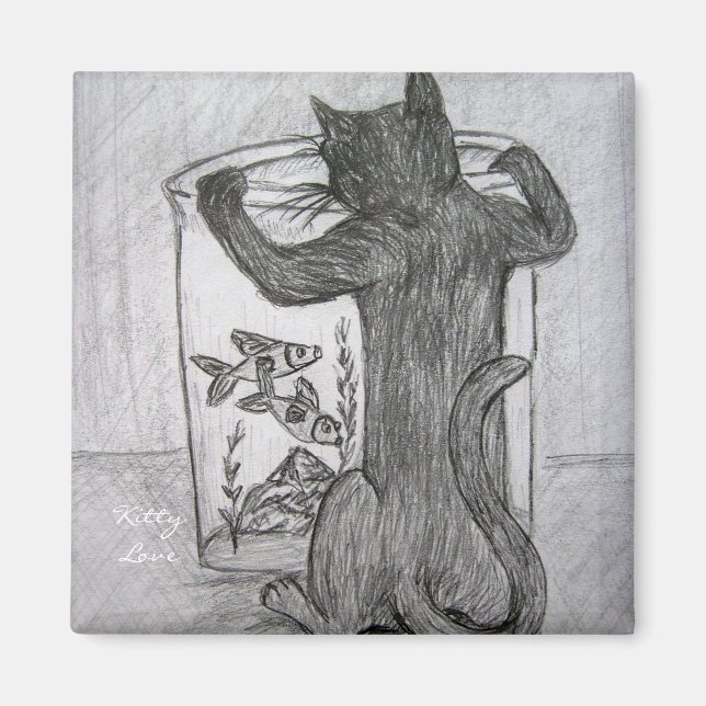Kitty Love Goldfish Custom ArtRefrigerator Magnets (Front)