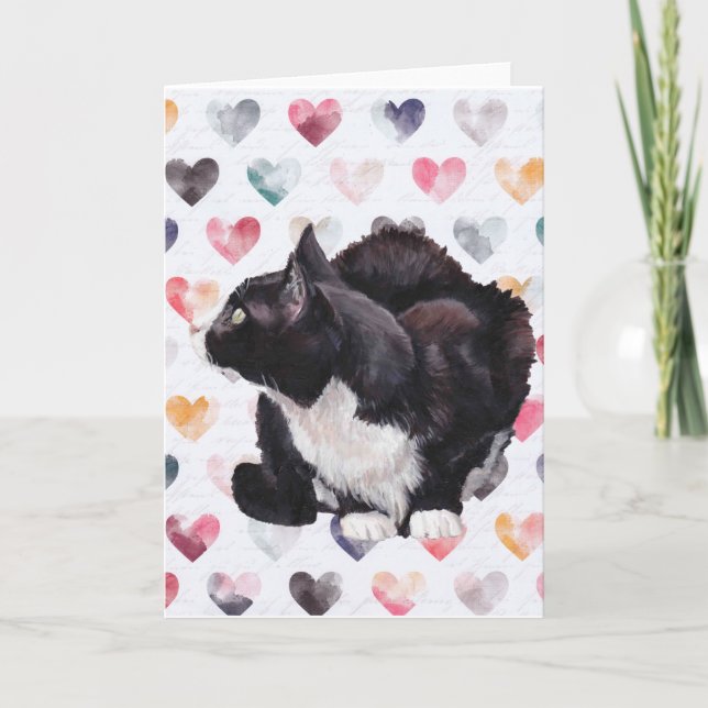 Kitty Love Tuxedo Cat Art Greeting Card (Front)