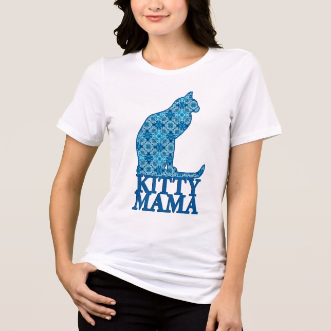 Kitty Mama Sitting Cat in Denim Blue Pattern  Tri-Blend Shirt (Front)