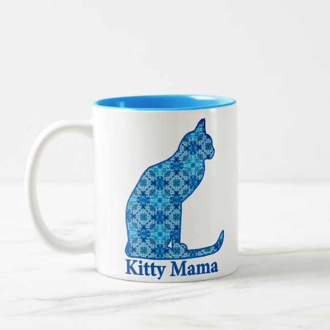 Kitty Mama Sitting Cat in Denim Blue Pattern  Two-Tone Coffee Mug (Left)