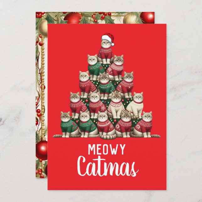 Kitty Meowy Catmas Christmas Tree Holiday Card (Front/Back)