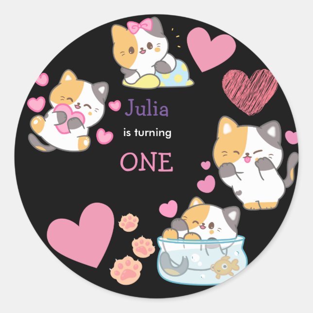 kitty one baby girl birthday  black classic round sticker (Front)