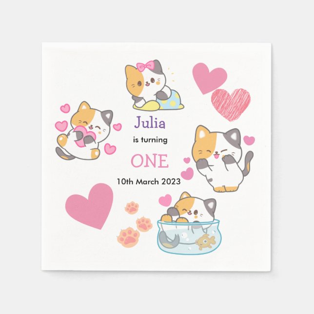 kitty one baby girl birthday   napkin (Front)