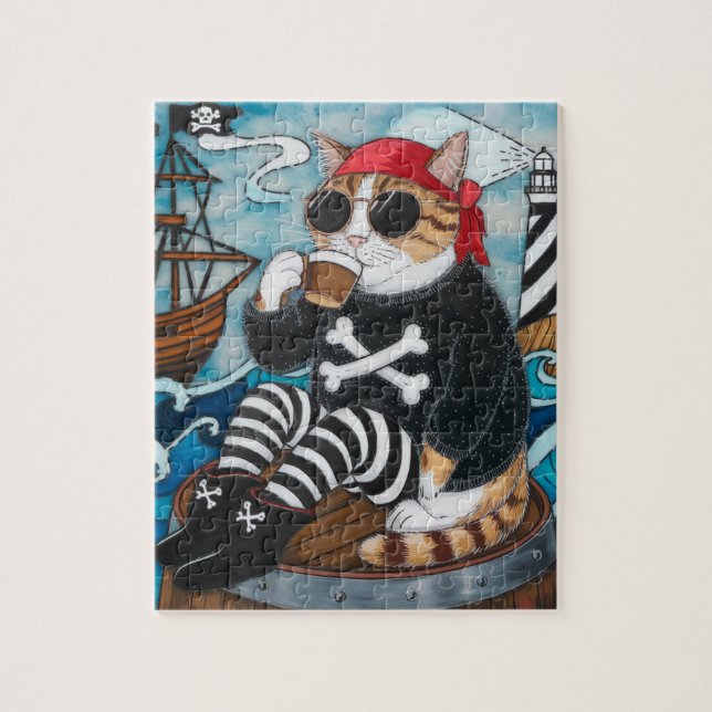 Kitty Pirate in fuzzy black sweater with a coffee Jigsaw Puzzle (Vertical)