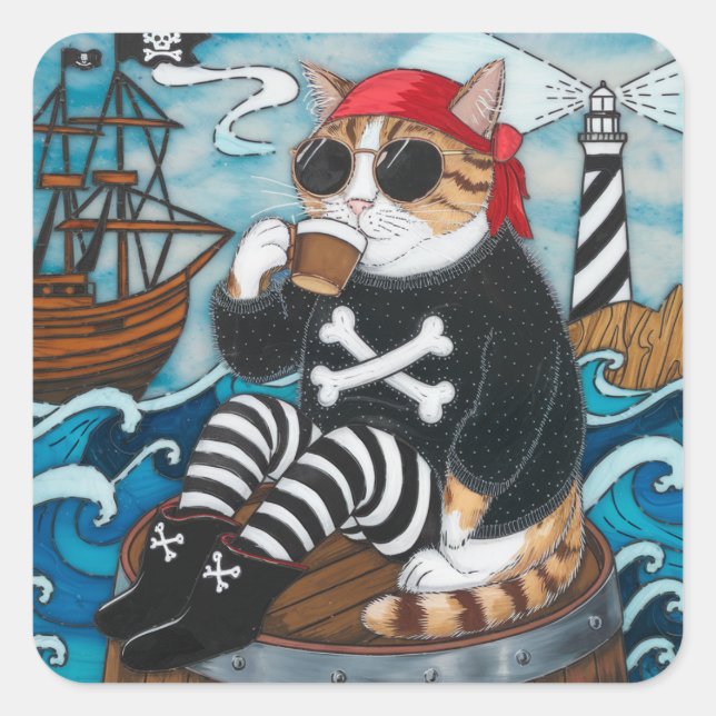 Kitty Pirate in fuzzy black sweater with a coffee Square Sticker (Front)