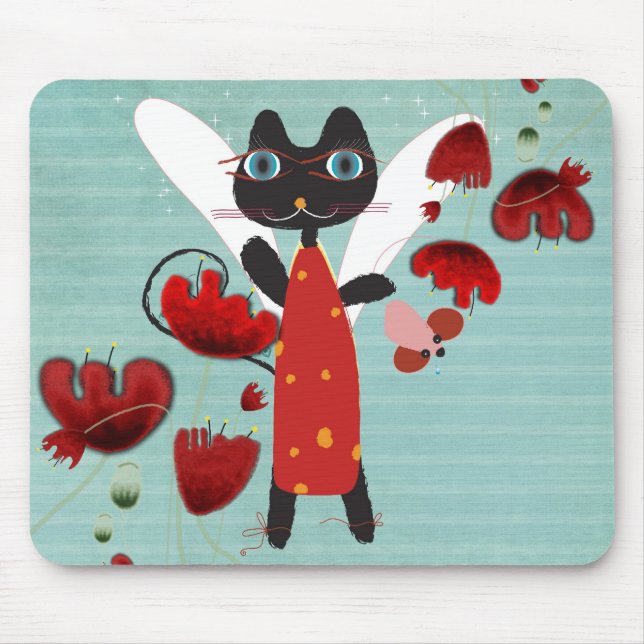 Kitty poppies angel sad mouse aqua sun mousepad (Front)