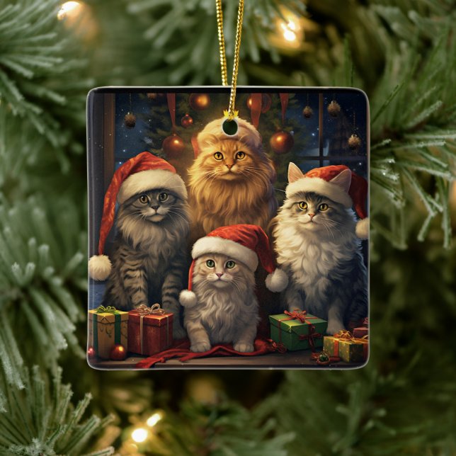 Kitty Quartet celebrating Christmas Ceramic Ornament (Tree)