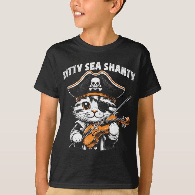 Kitty Sea Shanty Pirate Cat Violinist Illustration T-Shirt (Front)