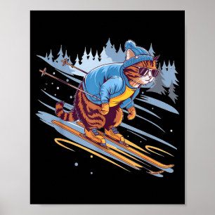 Kitty skiing down a snowy slope funny  poster