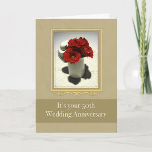 Kitty & Tea Roses 50th Wedding Anniversary Card