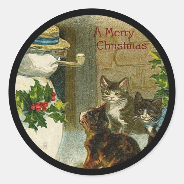 Kitty Trio and Snowman Classic Round Sticker (Front)