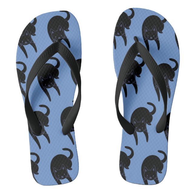 Kitty Voices Black Cat Pattern Blue  Jandals (Footbed)