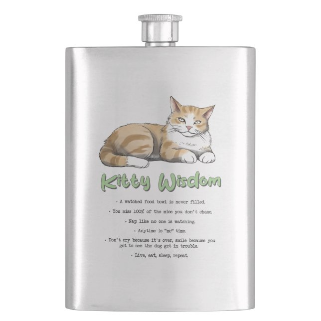 Kitty Wisdom – Funny Cat Rules with a Brown Cat Hip Flask (Front)