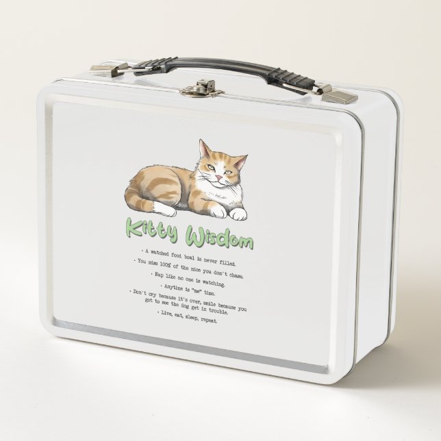 Kitty Wisdom – Funny Cat Rules with a Brown Cat Metal Lunch Box (Front)