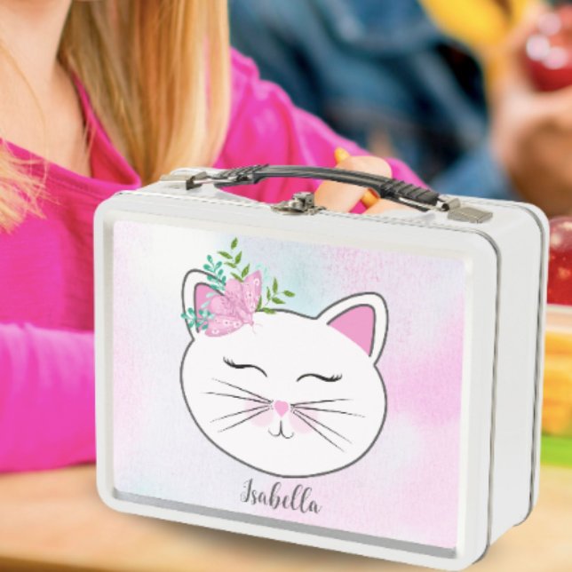 Kitty With Pink Butterfly Personalised Metal Lunch Box (This adorable Kitty lunch box will sure to be a success at school!)
