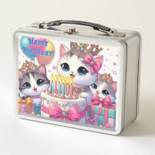 Kittys Cats Bling Ribbons Crowns Birthday Metal Lunch Box