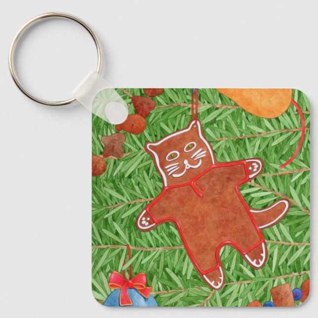 Kitty's Christmas Tree Square Aluminium Keychain (Front)