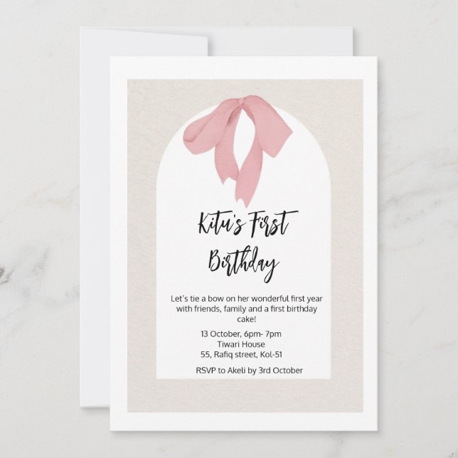 Kitu's First Birthday Invitation Card- Pink bow (Front)