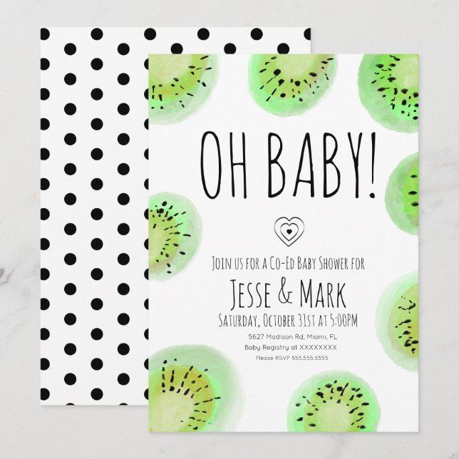 Kiwi Baby Shower Watercolor Polk Dots Invitation (Front/Back)