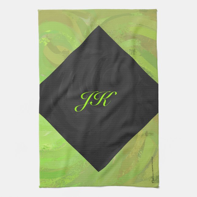 Kiwi Bash Green and Black Monogram Tea Towel (Vertical)